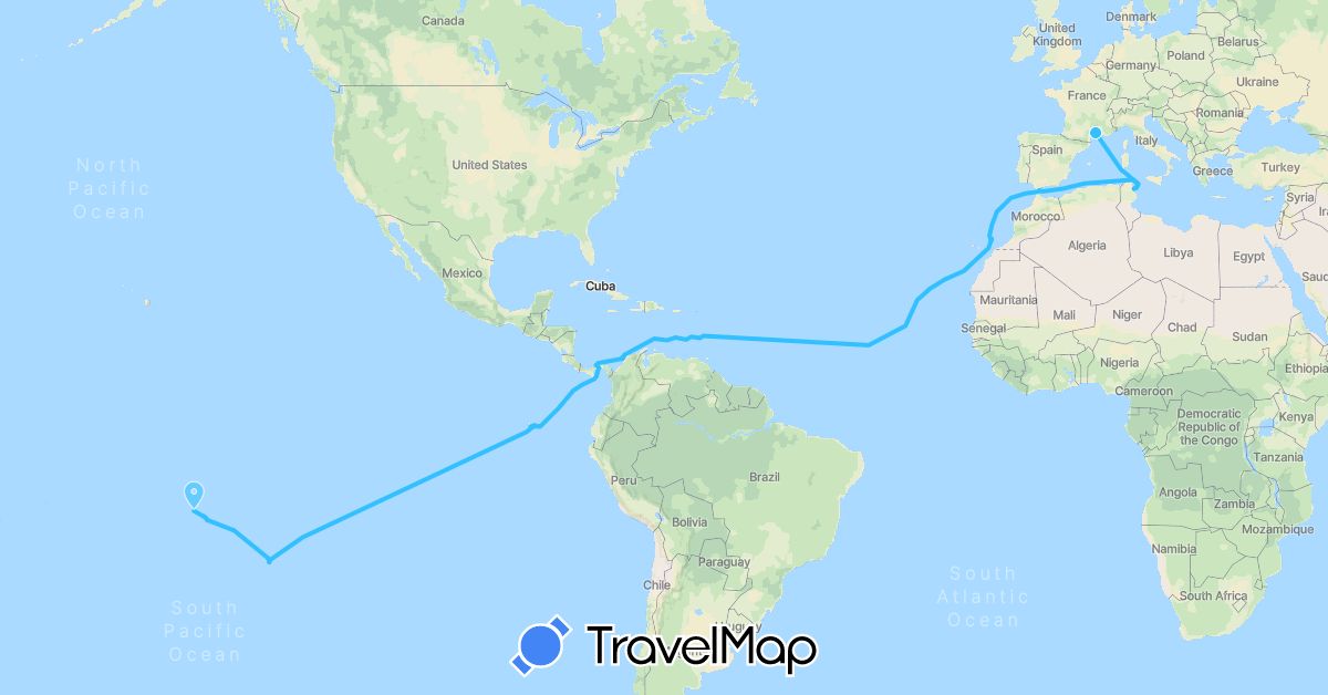 TravelMap itinerary: boat in Colombia, Ecuador, Spain, France, Gibraltar, Saint Lucia, Panama, Tunisia (Africa, Europe, North America, South America)